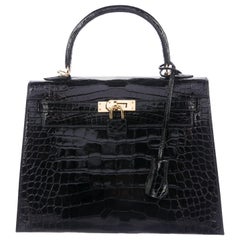 Hermes NEW Kelly 25 Black Leather Alligator Top Handle Tote Shoulder Bag