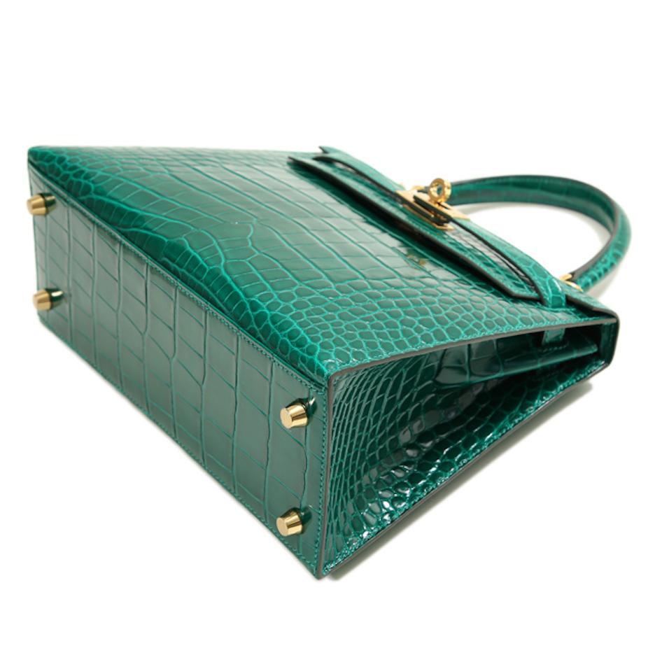 Black Hermes NEW Kelly 25 Green Crocodile Leather Gold Top Handle Tote Shoulder Bag