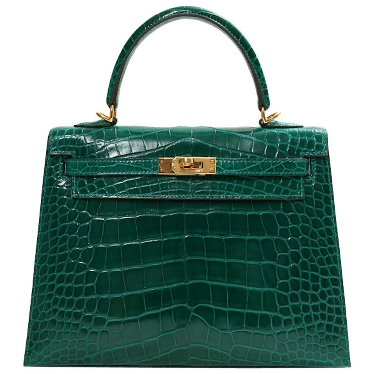 Hermes NEW Kelly 25 Green Crocodile Leather Gold Top Handle Tote