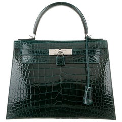 Hermes NEW Kelly 28 Green Alligator Exotic Top Handle Shoulder Bag in Box