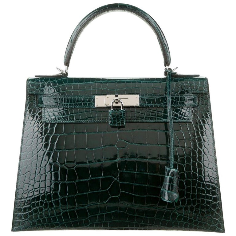 Hermes NEW Kelly 28 Green Alligator Exotic Top Handle Shoulder Bag in