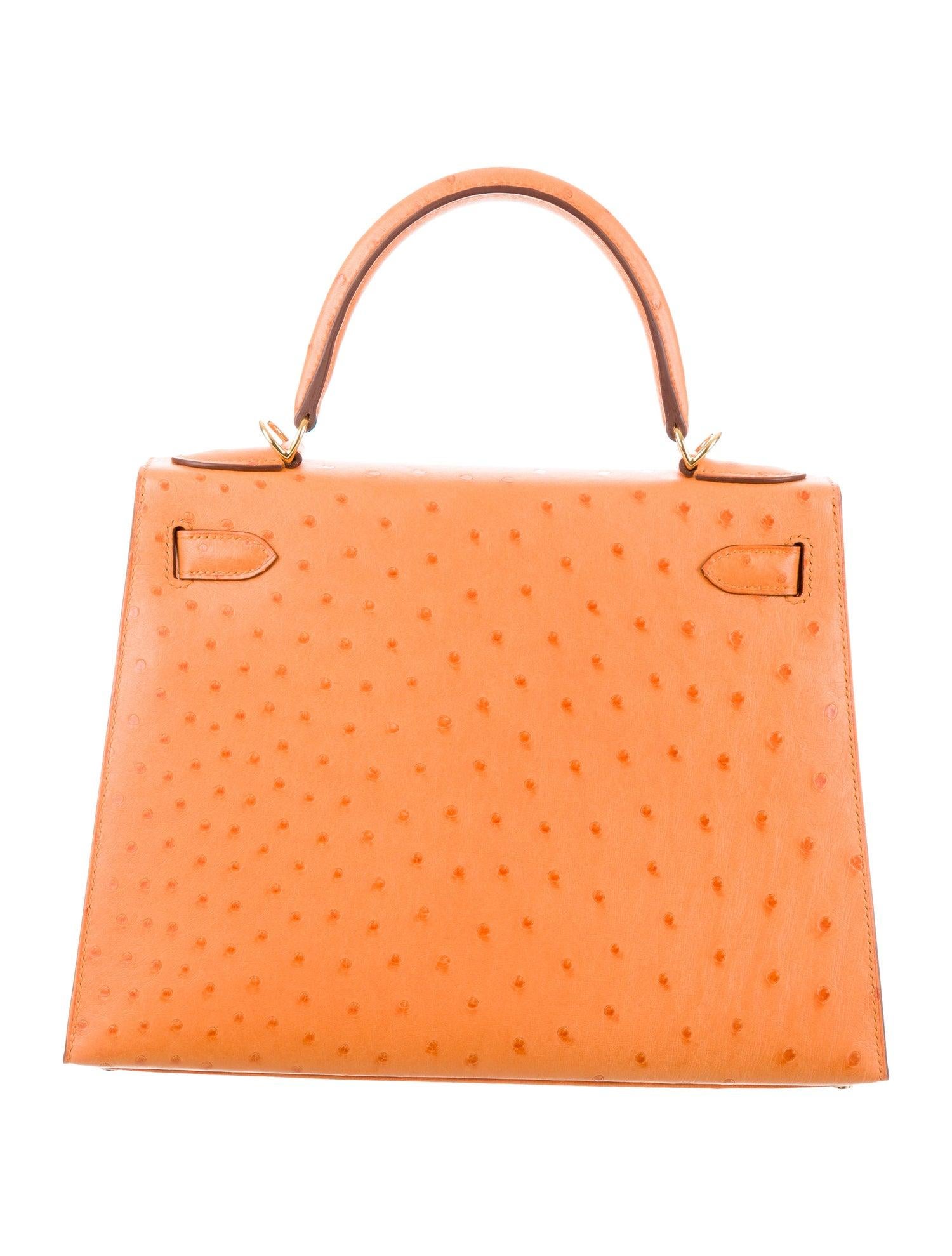 Women's Hermes NEW Kelly 28 Orange Ostrich Exotic Top Handle Tote Shoulder Bag in Box