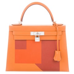 Hermes NEW Kelly 28 Orange Palladium Top Handle Tote Shoulder Bag in Box