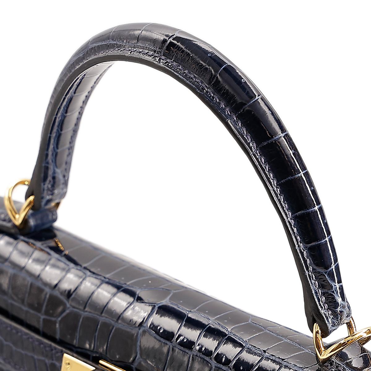HERMÈS NEW Kelly 28 Porosus Crocodile Exotic Blue Gold Top Handle Shoulder Bag 1