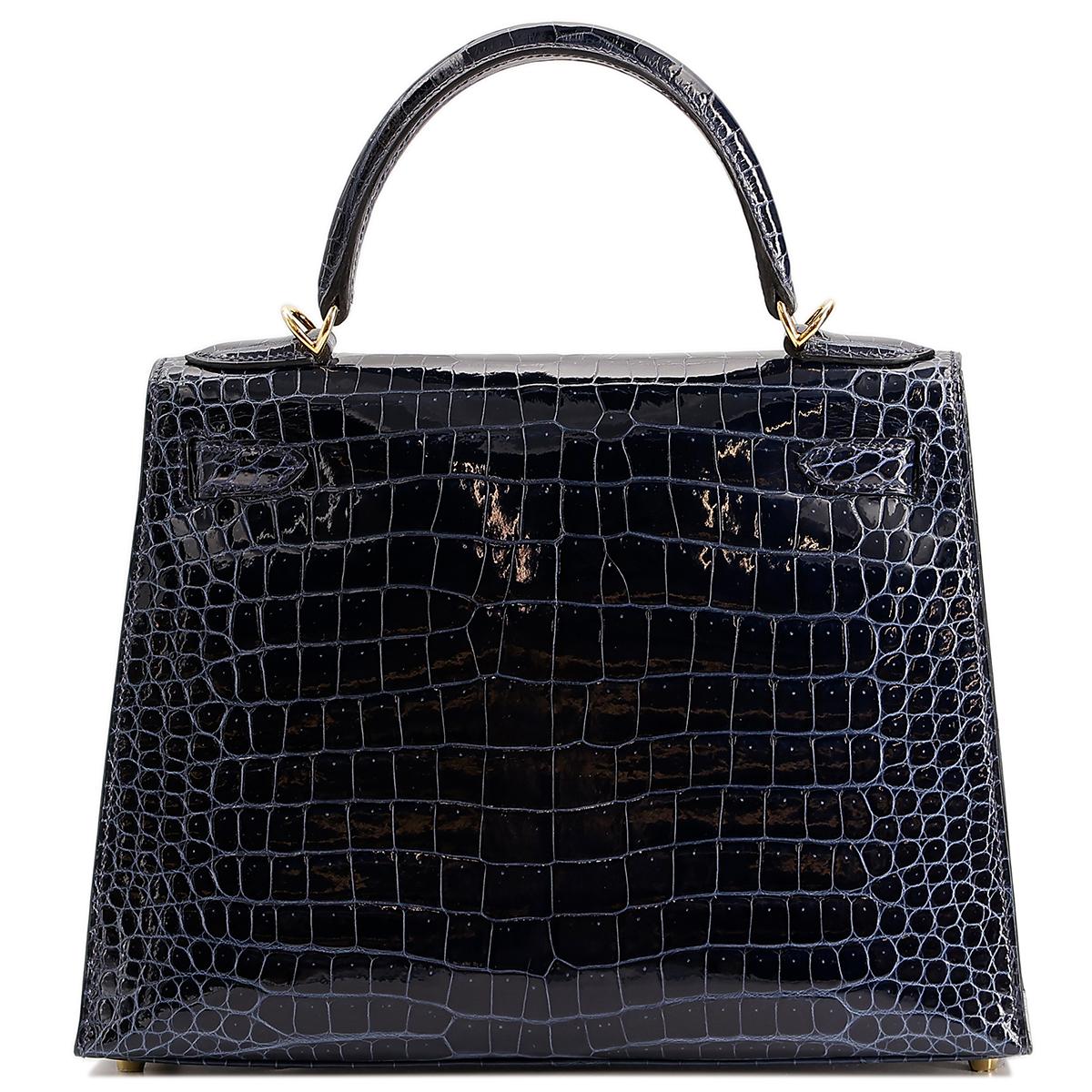 HERMÈS NEW Kelly 28 Porosus Crocodile Exotic Blue Gold Top Handle Shoulder Bag 2