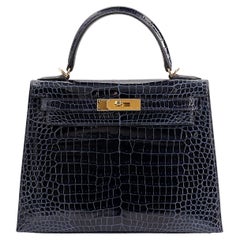 HERMÈS NEW Kelly 28 Porosus Crocodile Exotic Blue Gold Top Handle Shoulder Bag