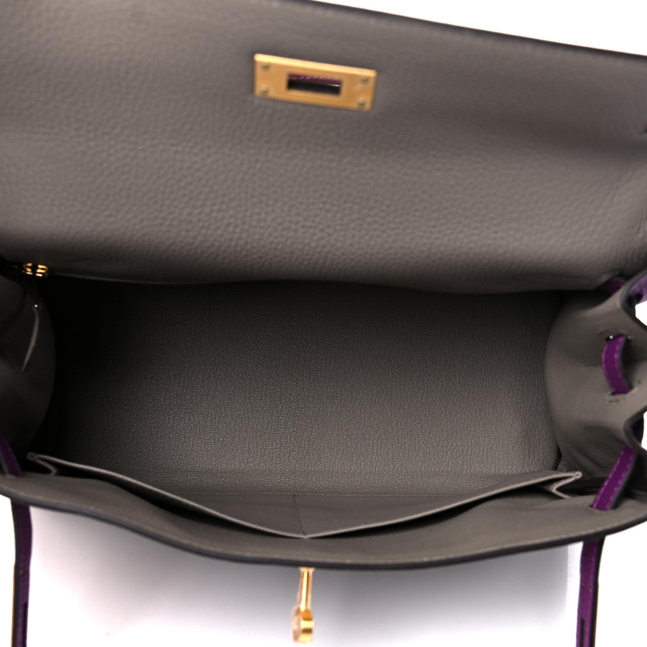 Women's HERMES NEW Kelly 28 Retourne Horseshoe Purple Gray Top Handle Shoulder Bag