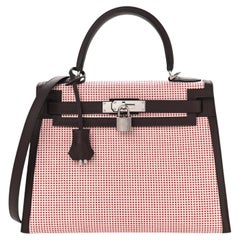  HERMES NEW Kelly 28 Sellier Toile Swift Red Brown Checker Shoulder Tote Bag