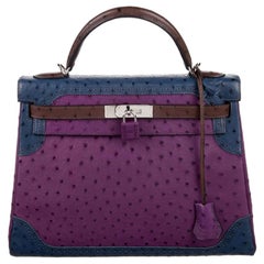 Hermes NEW Kelly 32 Ostrich Exotic Purple Blue Brown Top Handle Satchel Bag