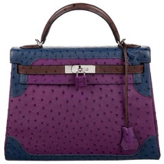 Hermes NEW Kelly 32 Ostrich Exotic Purple Blue Brown Top Handle Satchel Bag 