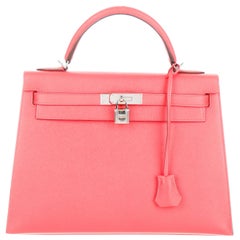 Hermes NEW Kelly 32 PinkRose Leather Top Handle Satchel Shoulder Tote Bag in Box