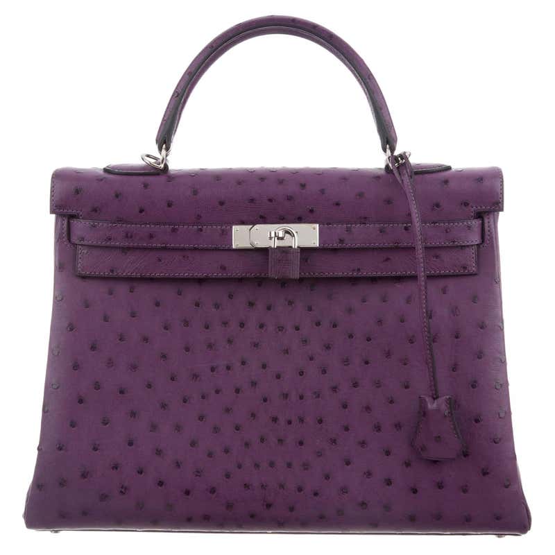 Hermes NEW Kelly 35 Purple Ostrich Exotic Leather Top Handle Shoulder ...