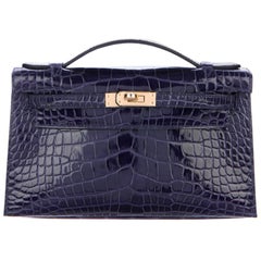 Hermès NEW Kelly Bleu Alligator Exotique Or Clutch Top Handle Satchel Bag in Box