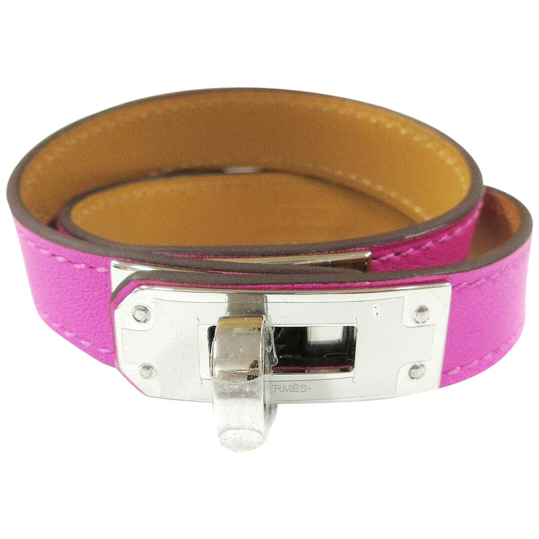 Hermes NEW Kelly Fuchsia Pink Leather Gold Men's Women's Cuff Bracelet in Box