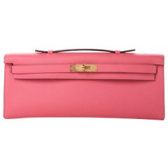 Hermes NEW Kelly Pink Rose Leather Gold Evening Top Handle Clutch Bag in Box
