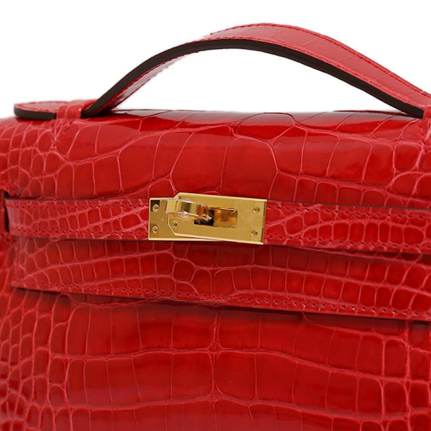 Women's Hermes NEW Kelly Red Alligator Exotic Skin Gold Clutch Top Handle Satchel Bag 