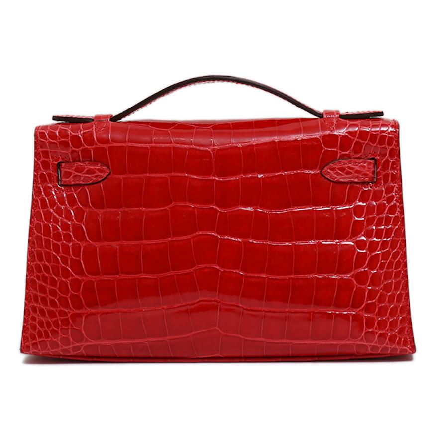 Hermes NEW Kelly Red Alligator Exotic Skin Gold Clutch Top Handle Satchel Bag  1