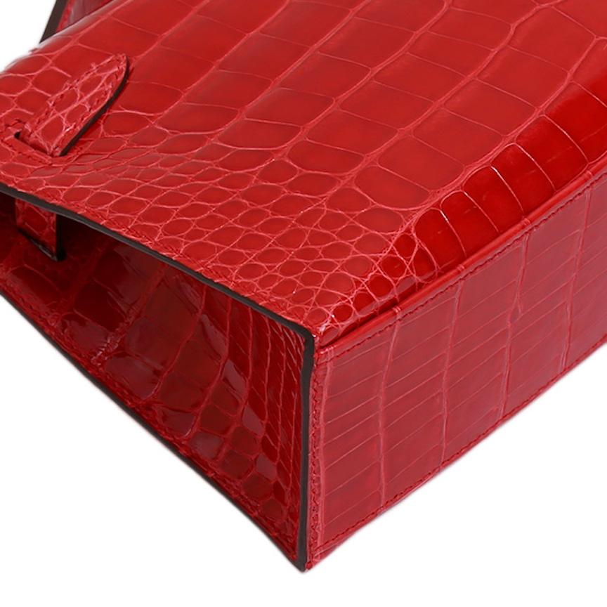 Hermes NEW Kelly Red Alligator Exotic Skin Gold Clutch Top Handle Satchel Bag  2