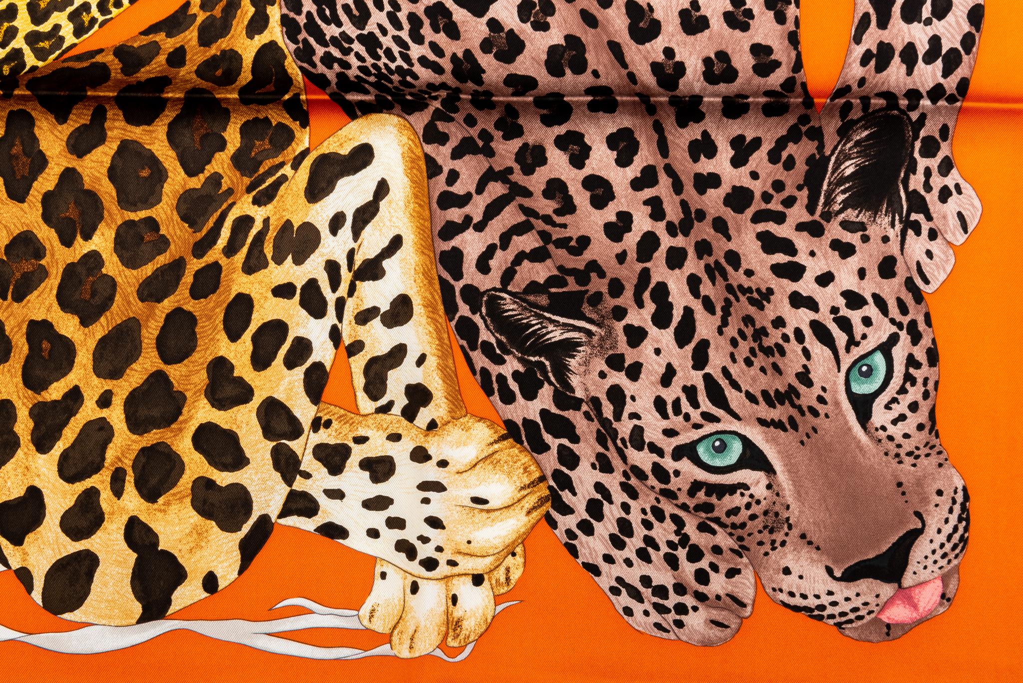 Hermès New Lazy Leopardess Orange Scarf For Sale 1