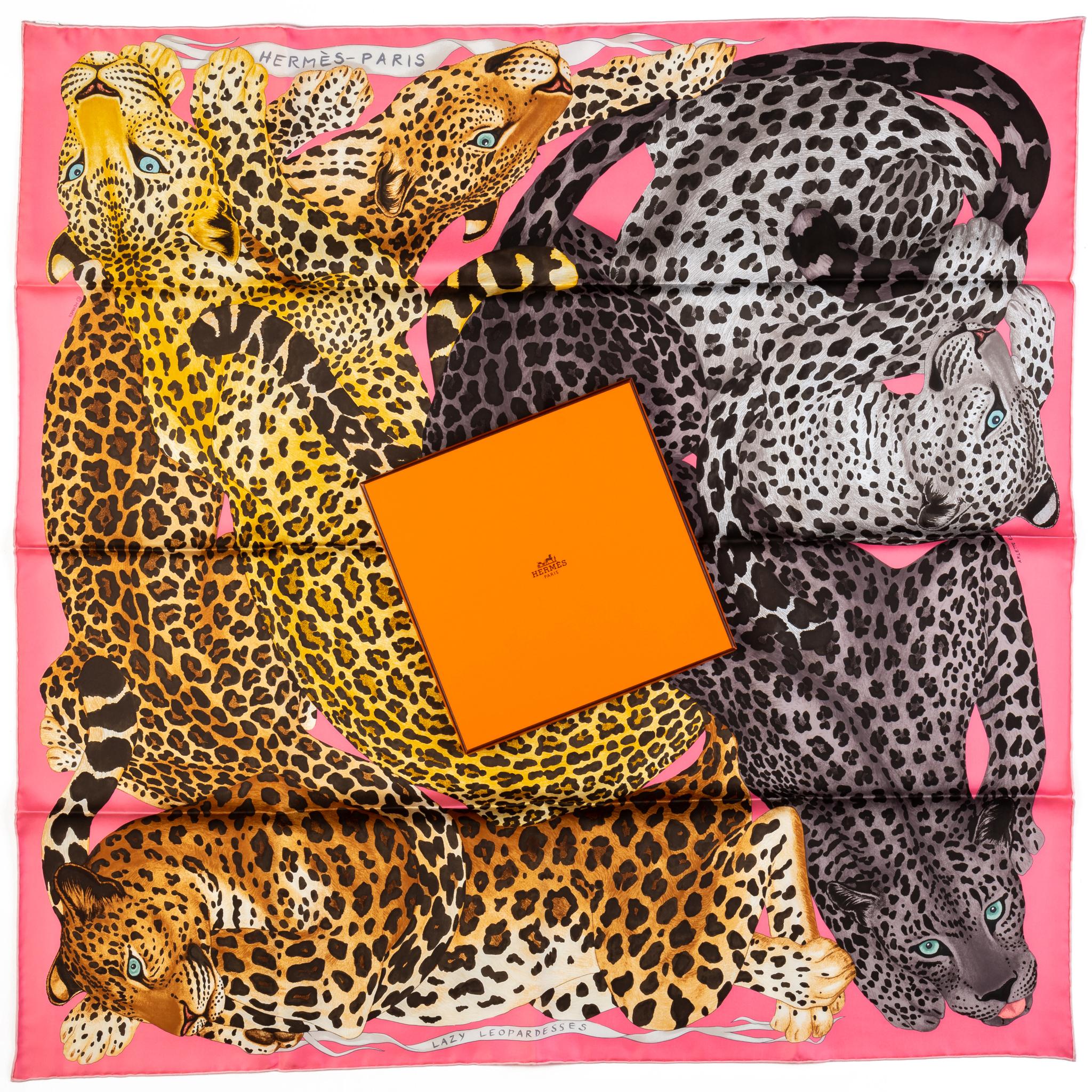 Hermès new Lazy Leopardess silk scarf . Pink color way. Hand rolled edges. Comes with original box.
