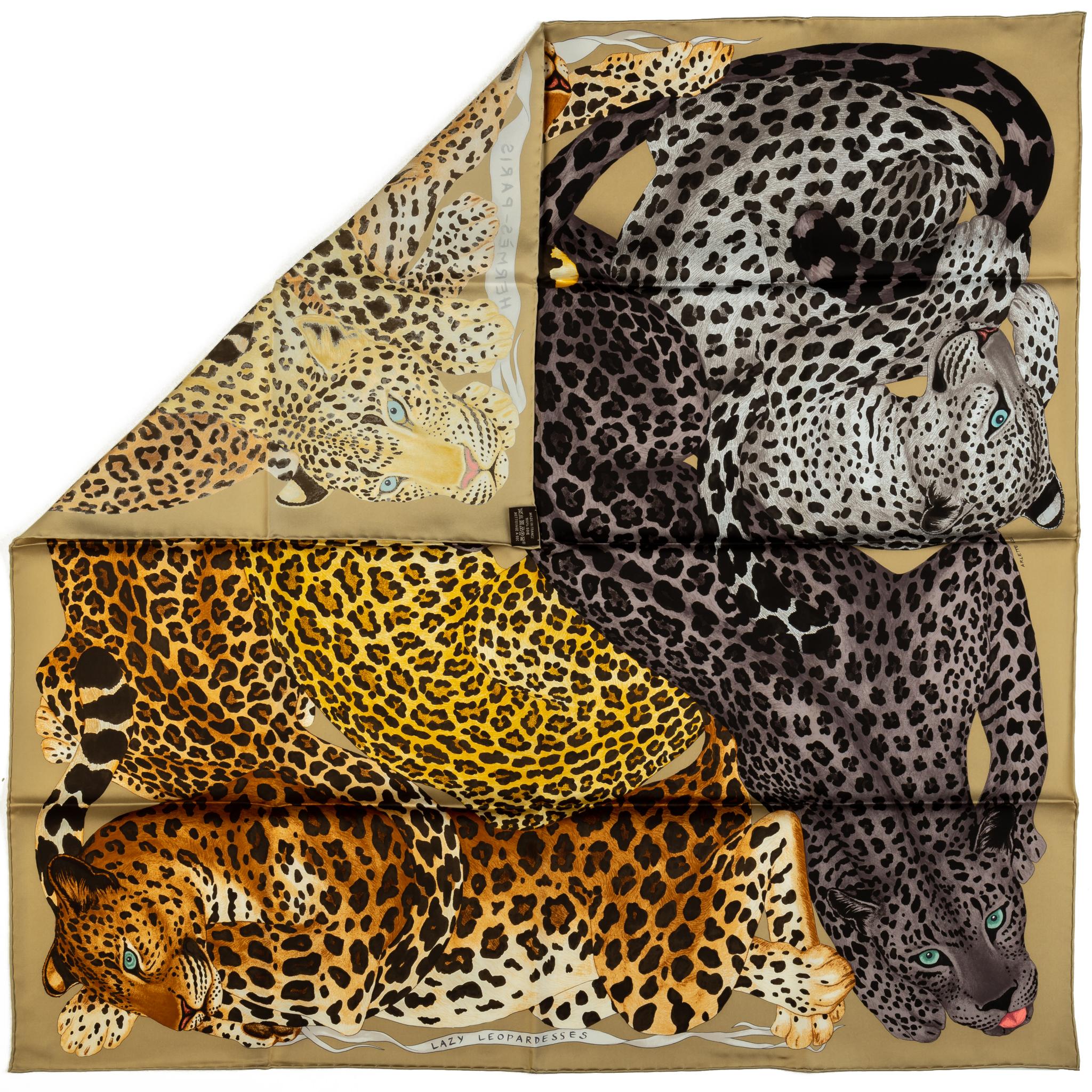 Pañuelo de seda Hermès New Lazy Leopardess Marrón