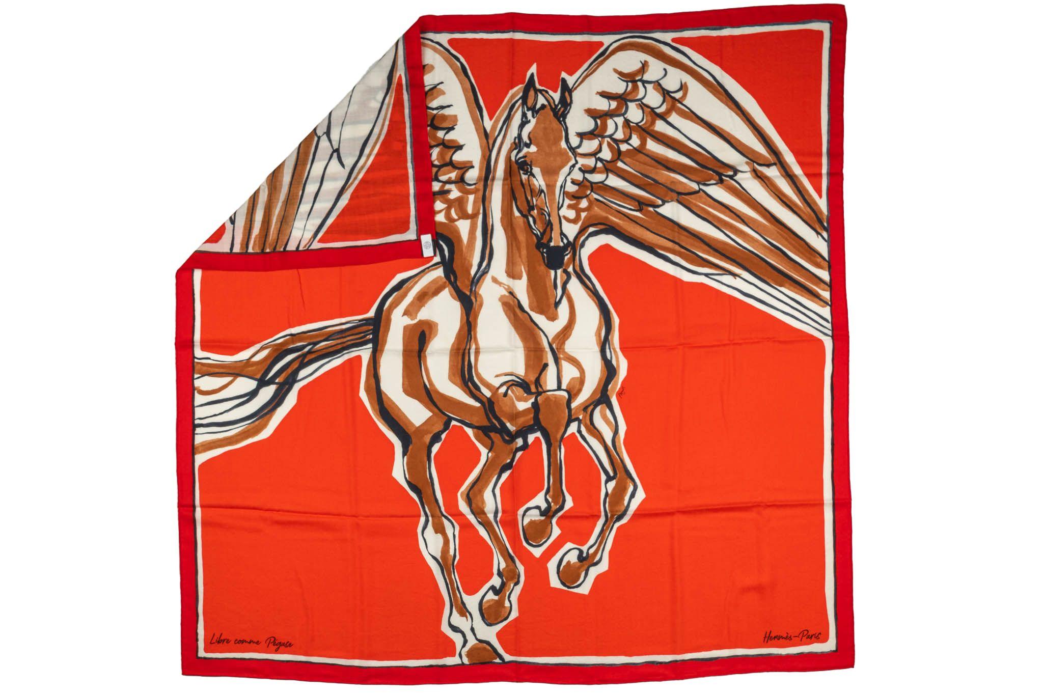 Nouveau avec sa boîte d'origine. Châle en cachemire et soie de grande collection. Libre Comme Pegase Design/One en rouge et marron.