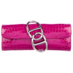 Hermes NEW Magenta Pink Crocodile Exotic Leather PalladiumClutch Flap Bag in Box