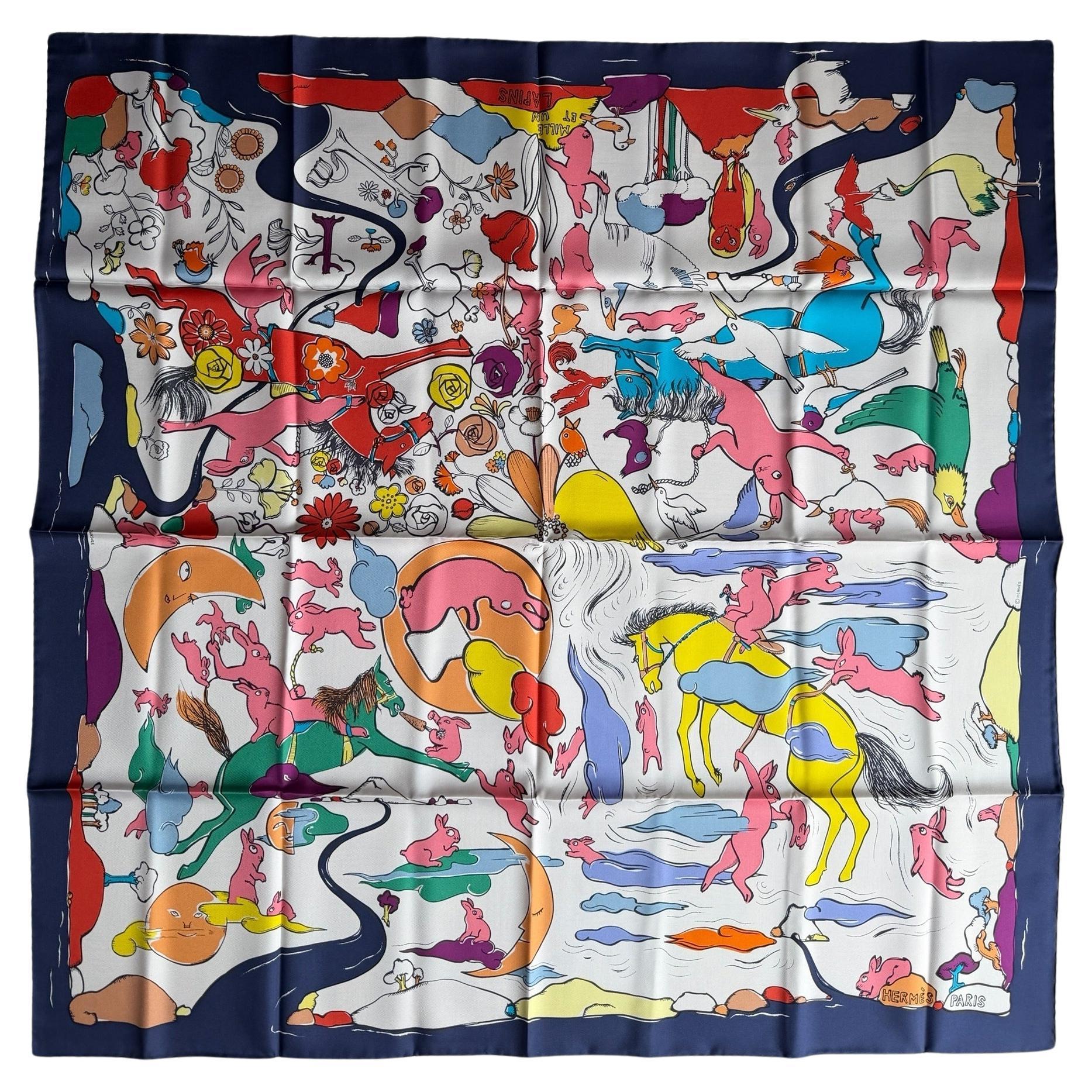 Hermes NEW Marine/Blanc/Multi Mille et un Lapins 90cm Silk Scarf im Angebot