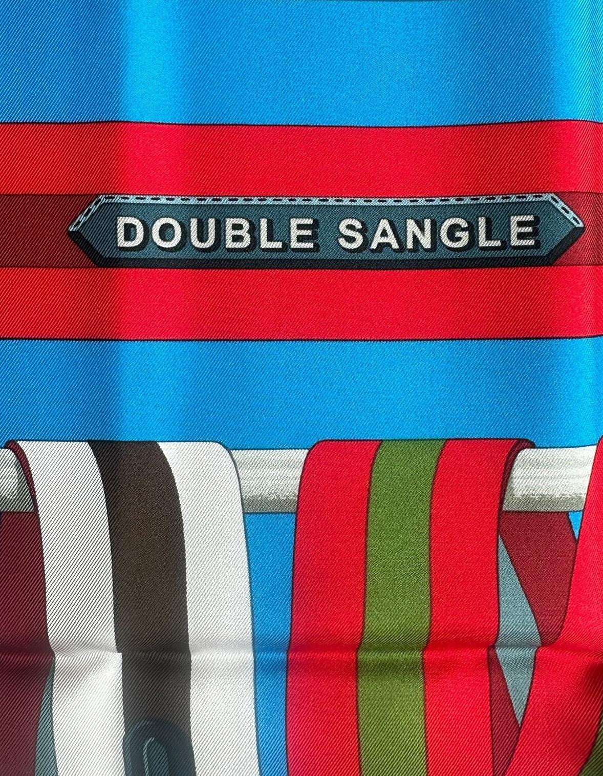 Blue Hermes NEW Marine/ Cobalt/ Noir/ Rouge Double Sangle 90cm Silk Scarf For Sale