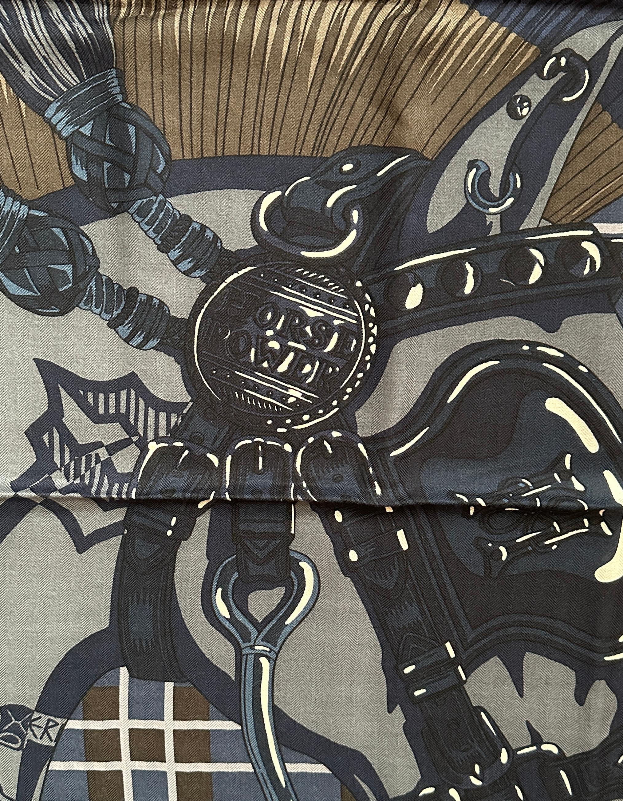 Hermes NEW Marin/Gris/Taupe Cheval Punk Echarpe 100cm soie/cachemire Unisexe en vente