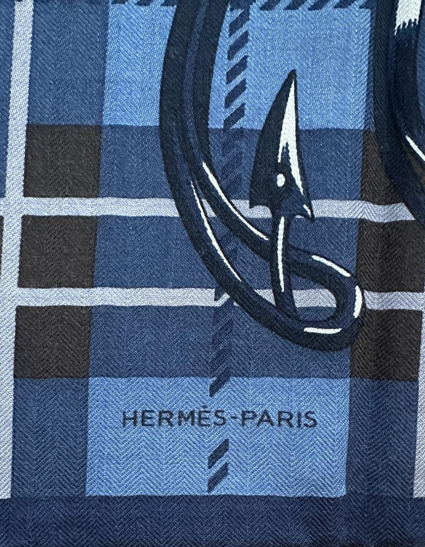 Hermes NEW Marin/Gris/Taupe Cheval Punk Echarpe 100cm soie/cachemire en vente 1