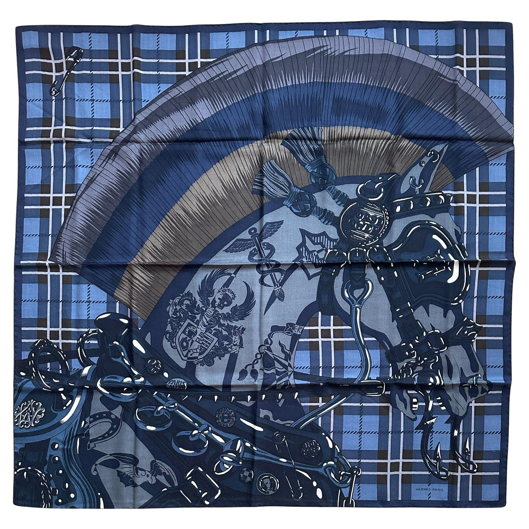 Hermes NEW Marin/Gris/Taupe Cheval Punk Echarpe 100cm soie/cachemire en vente