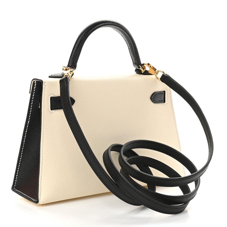 HERMES NEW Mini Kelly 20 Sellier Leather Ivory Black Small Tote Shoulder Bag