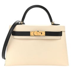 HERMES NEW Mini Kelly 20 Sellier Leather Ivory Black Small Tote Shoulder Bag