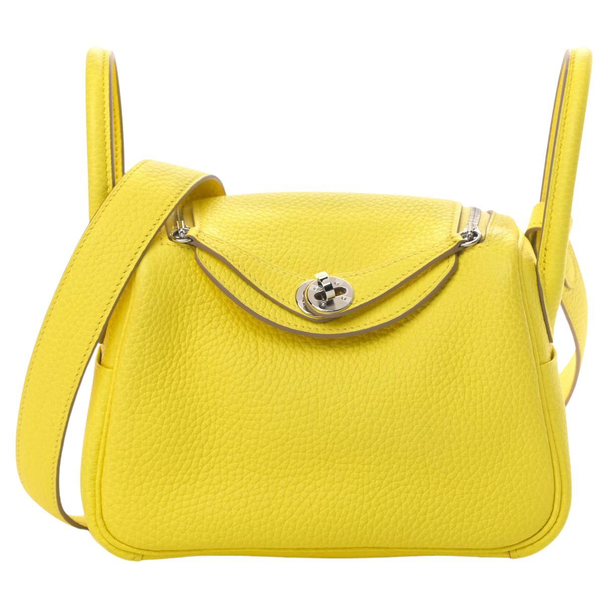 HERMES NEW Mini Lindy 20 Bright Yellow Lime Leather Palladium Top Handle Bag