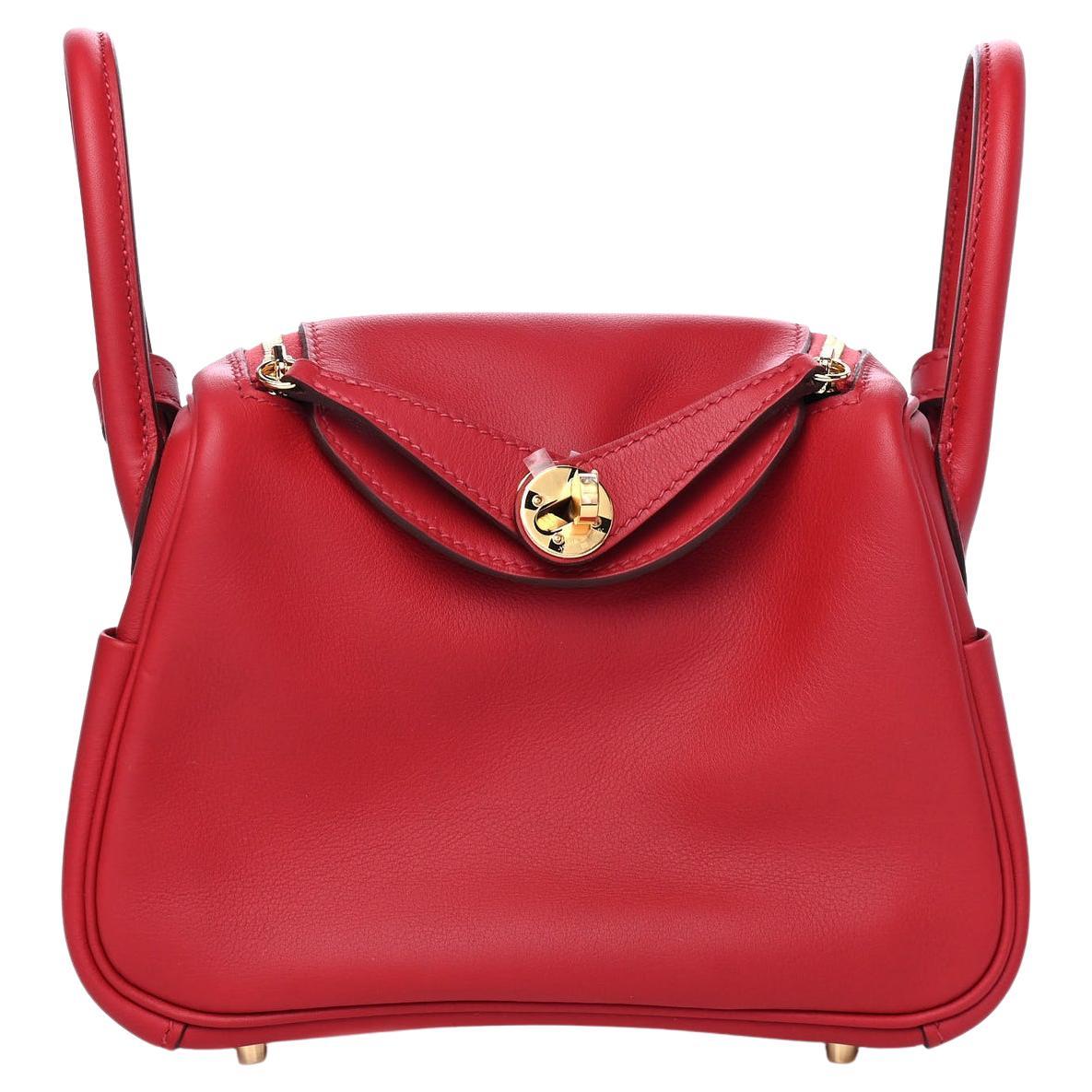 HERMES NEW Mini Lindy 20 Red Rouge Leather Gold Top Handle Shoulder Bag
