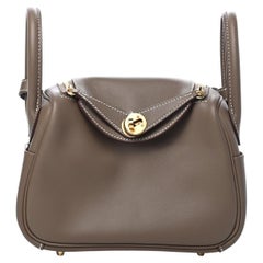 HERMES NEW Mini Lindy 20 Taupe Etoupe Leather Gold Top Handle Shoulder Bag