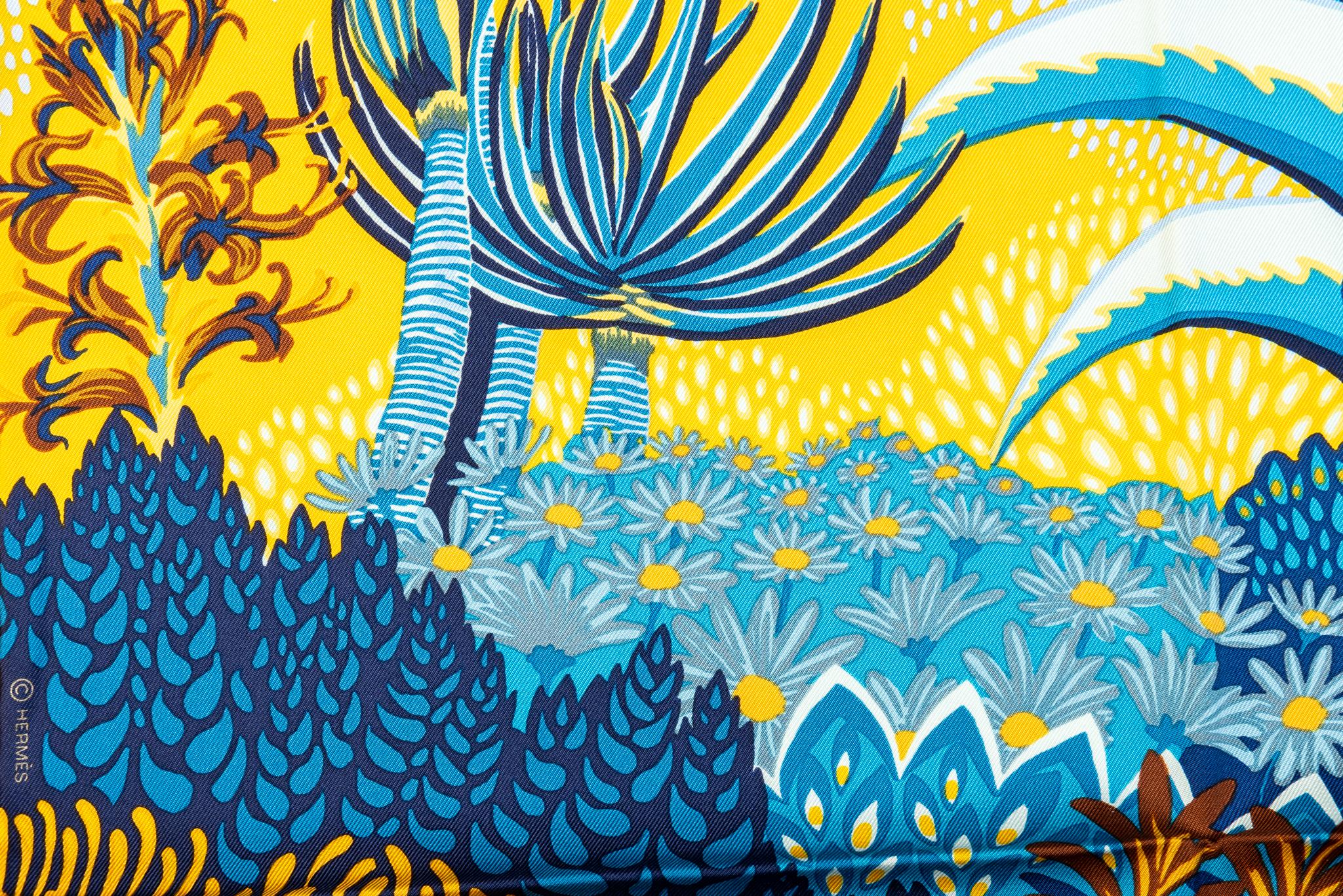 Hermès new Mountain Zebra silk scarf. Yellow and blue color way. Hand rolled edges. Comes with original box.