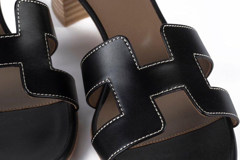 Sandales Hermès Oasis En Veau Noir - Taille 37.5 EU - Neuves Avec Boîte Et Reçu - Talon Carré