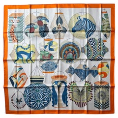 Hermes NEW Orange/Creme/Vert Lanternes Ballons et Cocardes 90cm Silk Scarf