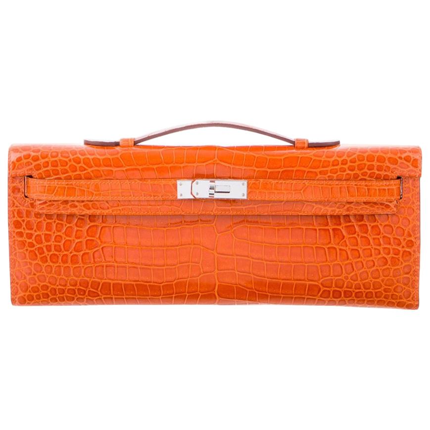 Hermes NEW Orange Crocodile Exotic Kelly Evening Top Handle Clutch Bag in Box