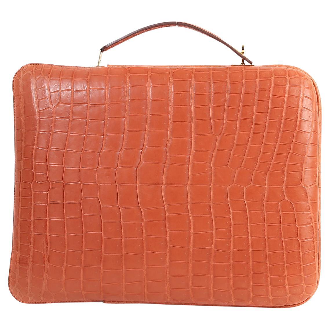 HERMES NEW Orange Crocodile Exotic Leather Men Gold iPad Tablet Laptop Case Bag