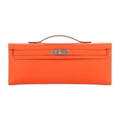 Hermes NEW Orange Leather Palladium Kelly Evening Top Handle Clutch Bag in Box