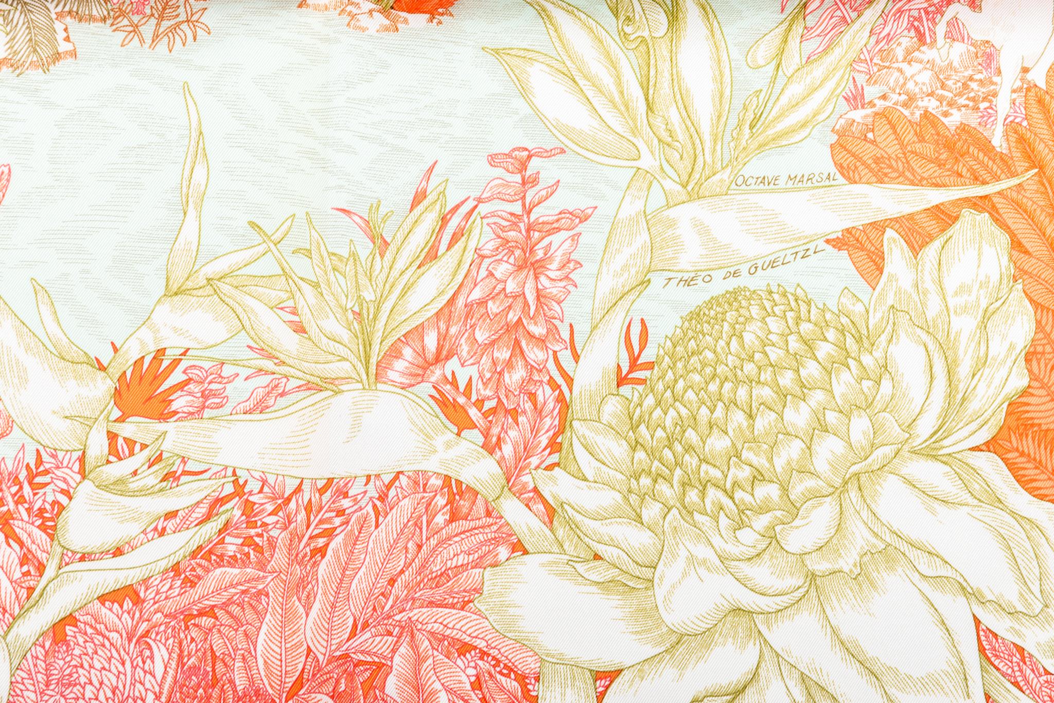 Hermès new orange Tropical garden silk scarf. Hand rolled edges. Comes with original box.