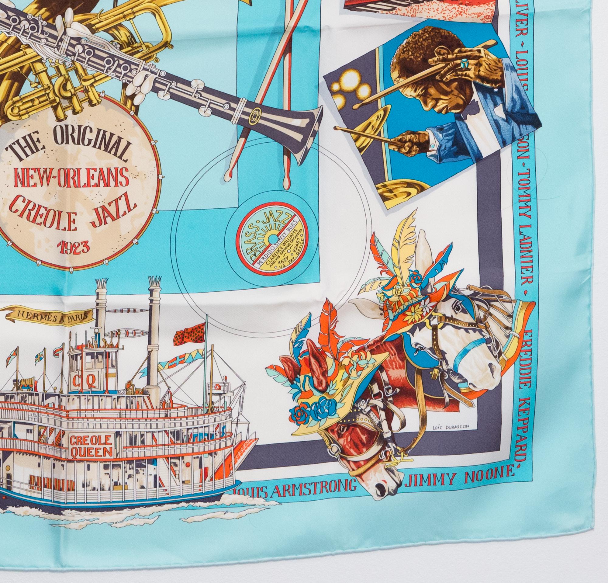 Hermes New Orleans Creole Jazz 1923 by Loic Dubigeon Silk Scarf In Excellent Condition In Paris, FR