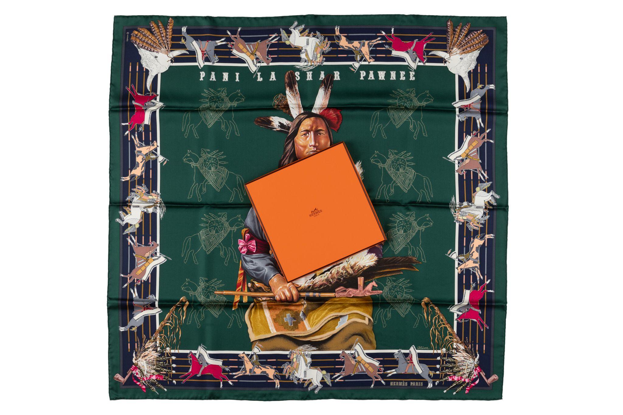 Hermès Omani La Shar Pawnee silk twill scarf originally issued in 1984. Designed by Kermit Oliver, the most famous painter of Texas natives images. Hand rolled edges.
Comes with original box and ribbon.