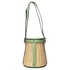 HERMES NEW Picnic Green Tan Wicker Palladium Sac Farming Bucket Shoulder Bag