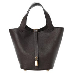 HERMES NEW Picotin 18 Dark Brown Barenia Leather Gold Small Top Handle Tote Bag