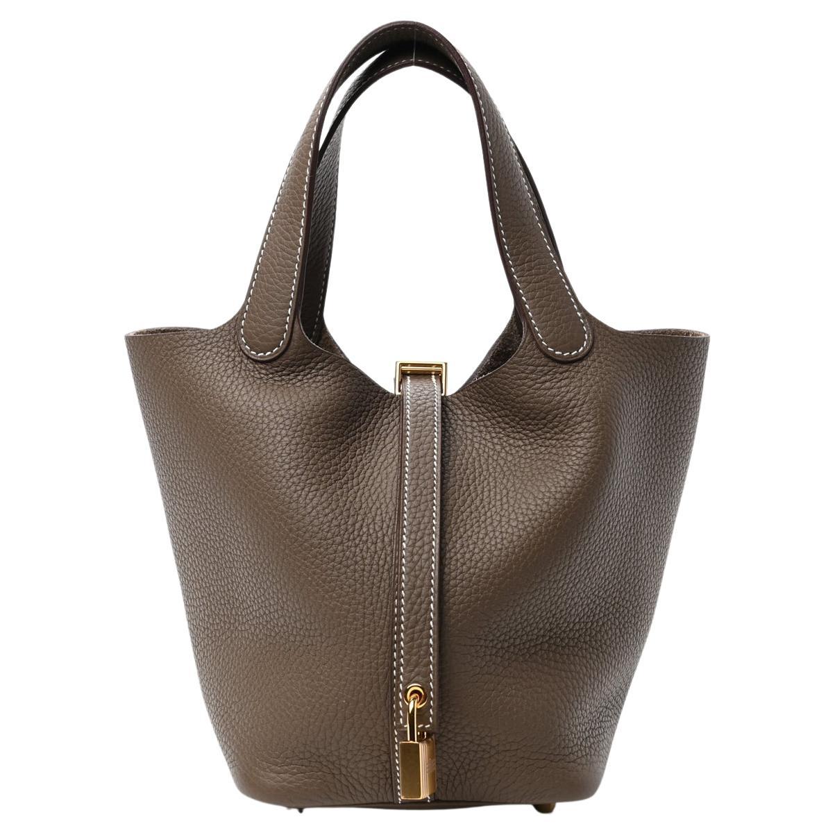 HERMES NEW Picotin 18 Taupe Leather Gold Small Top Handle Bucket Tote Bag