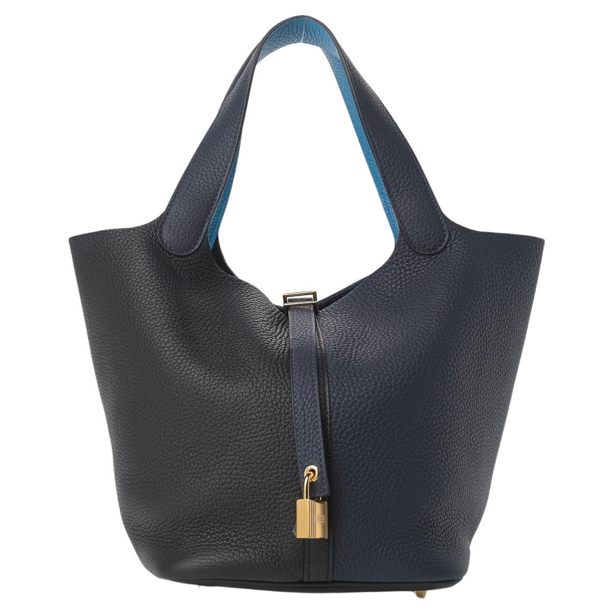 HERMES NEW Picotin 22 Navy Blue Black Leather Gold Small Top Handle Bucket Bag